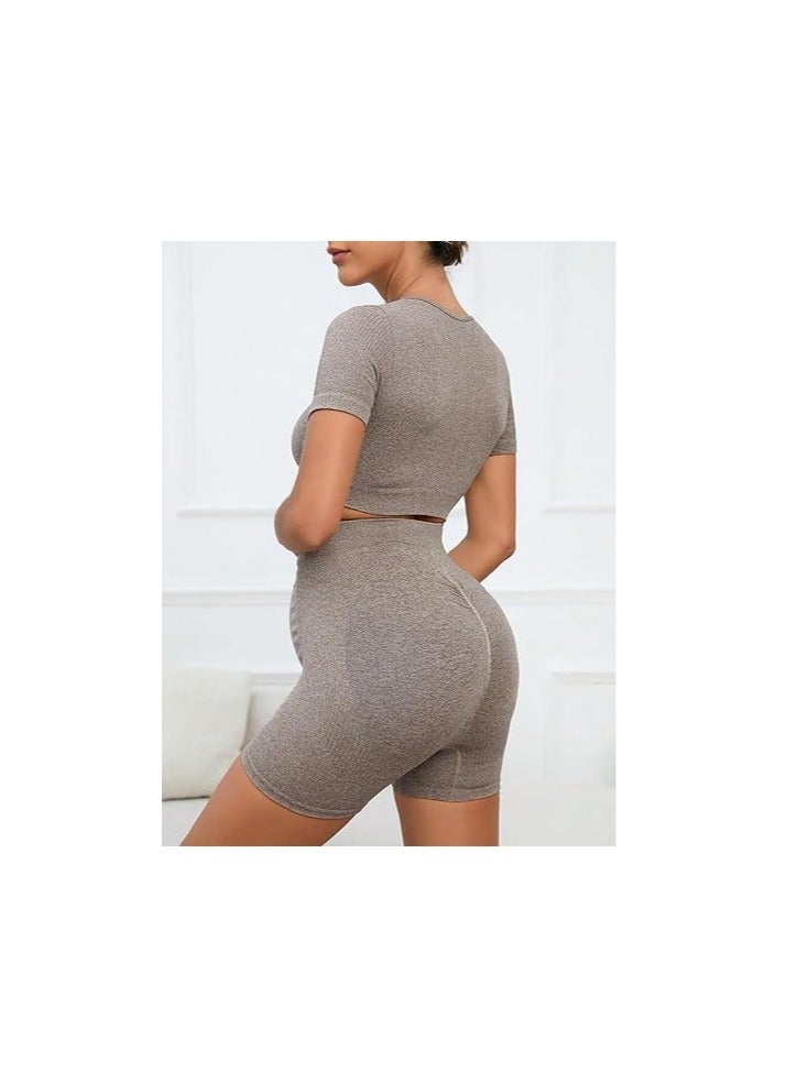 2 Piece Short Sleeve Maternity Outfits for Women Seamless Crop Tops with Over The Belly Pregnancy Yoga Shorts  - Image 4