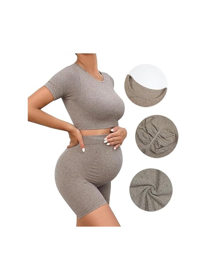 2 Piece Short Sleeve Maternity Outfits for Women Seamless Crop Tops with Over The Belly Pregnancy Yoga Shorts  - Image 3