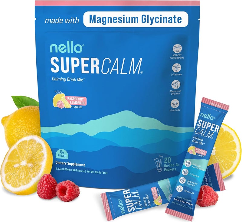 Nello Supercalm Powdered Drink Mix Raspberry Lemonade L Theanine Ksm66 Ashwagandha Magnesium Glycinate Vitamin D 3 Supplements for Relaxation  Focus No Sugar Non GMO On The Go 20 Ct - Image 1