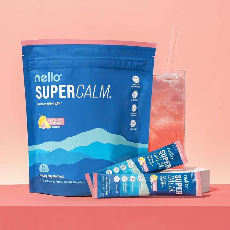 Nello Supercalm Powdered Drink Mix Raspberry Lemonade L Theanine Ksm66 Ashwagandha Magnesium Glycinate Vitamin D 3 Supplements for Relaxation  Focus No Sugar Non GMO On The Go 20 Ct - Image 5