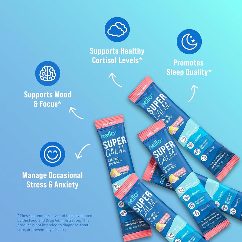 Nello Supercalm Powdered Drink Mix Raspberry Lemonade L Theanine Ksm66 Ashwagandha Magnesium Glycinate Vitamin D 3 Supplements for Relaxation  Focus No Sugar Non GMO On The Go 20 Ct - Image 3