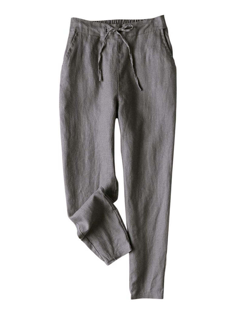 IXIMO Womens Tapered Pants 100 Linen Drawstring Back Elastic Waist Pants Trousers Dark Gray L