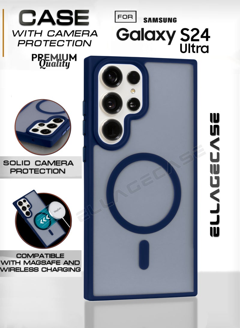 ELLAGECASE حافظة أنيقة زرقاء لهاتف سامسونج جالاكسي S24 ألترا، حماية كاميرا قوية، مضادة للصدمات، حماية معززة، متوافقة مع شحن MagSafe والشحن اللاسلكي - Image 1