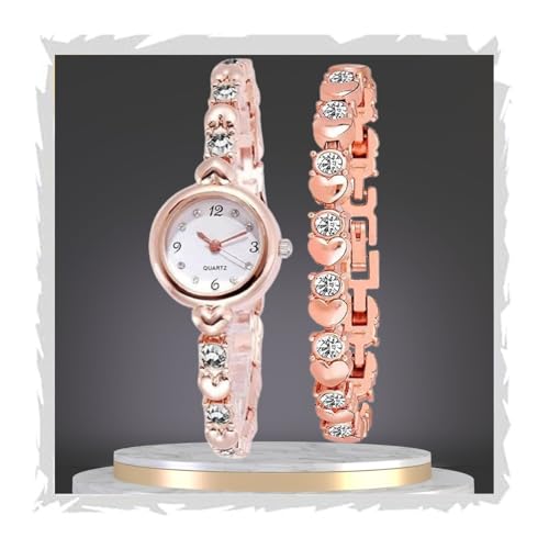 SWADESI STUFF Ladies Watch and Bracelet Set, Rose Gold, 22mm Round Case, Crystal-Studded Design (Rose Gold) - Image 1