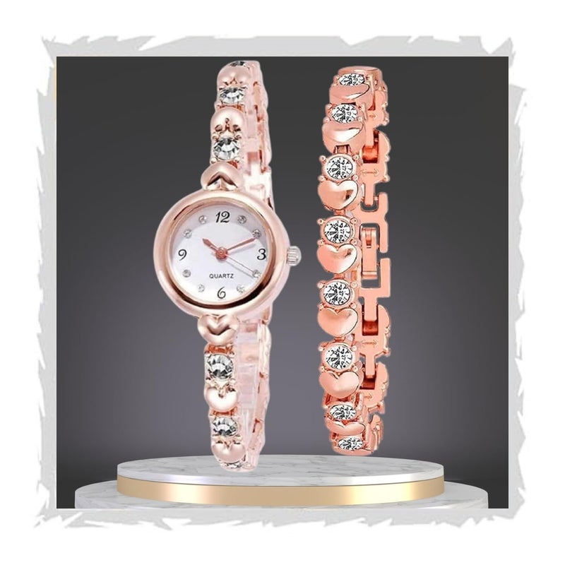 SWADESI STUFF Ladies Watch and Bracelet Set, Rose Gold, 22mm Round Case, Crystal-Studded Design (Rose Gold) - Image 2