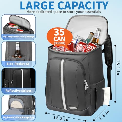 LTINVECK Cooler Backpack for Women MenInsulated Backpack Cooler Leakproof Double Deck Work Lunchboxes Cooler BagHot and Cold Thermal Backpack with Reflective StripesGrey - Image 3