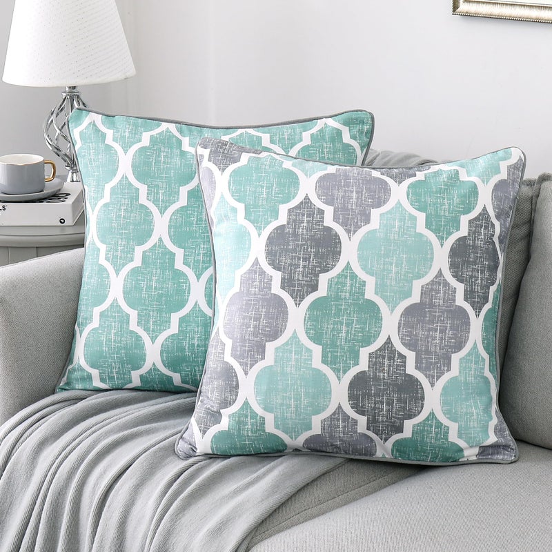 Beauoop Pack of 2 Throw Pillow Cases Covers for Couch Bed Sofa Farmhouse Double Sided Printed Colorful Geometric Trellis Moroccan Pattern Lumbar Pillow Covers 18 X 18 Inches Aqua Gray