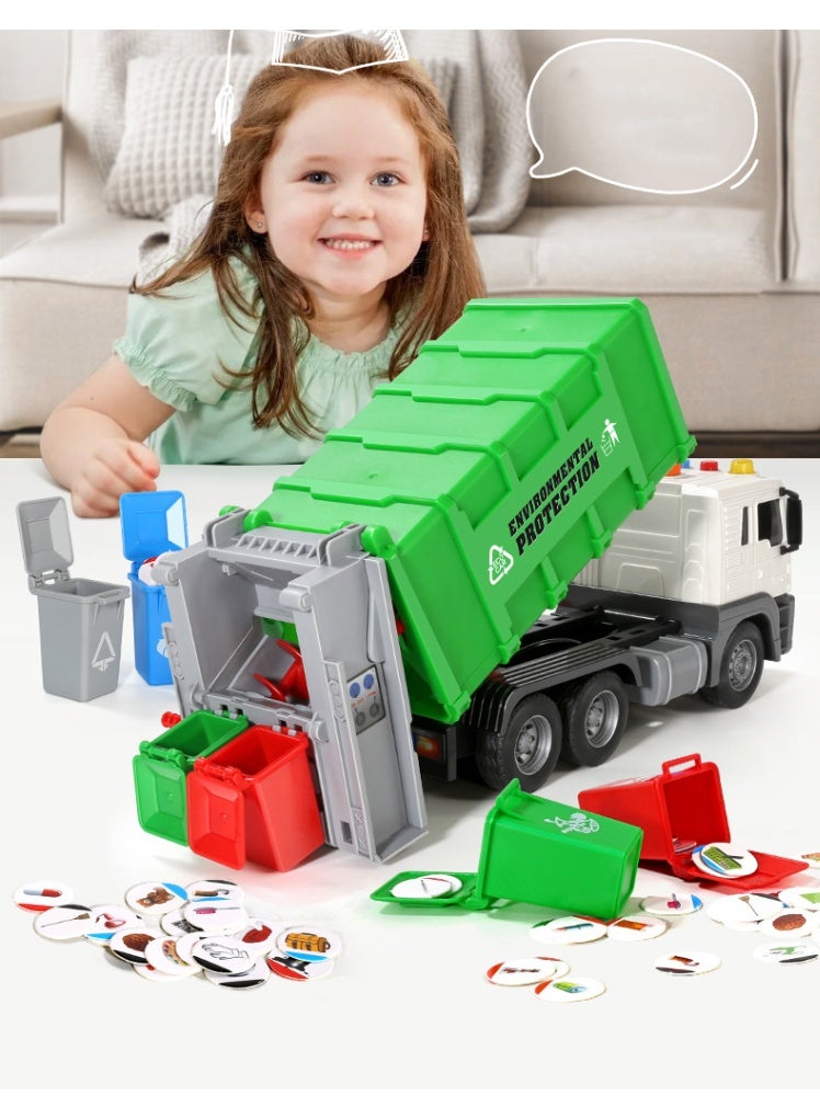 HALAMODO Garbage Truck Toys for Toddlers with Dumpster, Air Pressure Lift Inertia Garbage Truck Toy Set (With 2 Trash Bins & 40 Learning Cards) , Children Toy,  Garbage Truck Pump Lift Simulation Sanitation Vehicle , Sweeper Cleaning Truck , Friction Powered Trash Vehicle with Lights and Sounds, 26.5*10*12.5 Cm - Image 1