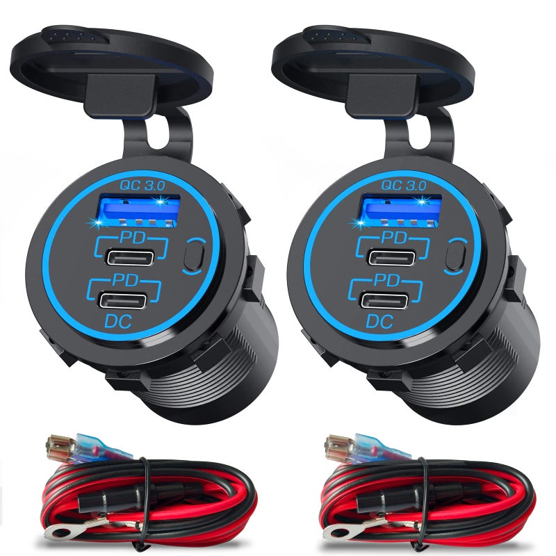 Ouffun USB C Car Charger Socket 12V USB Outlet 2 Pack,78W RV USB Outlet Dual 30W PD USB-C and 18W QC3.0 Car USB Port with Button Switch Waterproof for Car RV Boat Marine Truck Motorcycle ect - Image 1