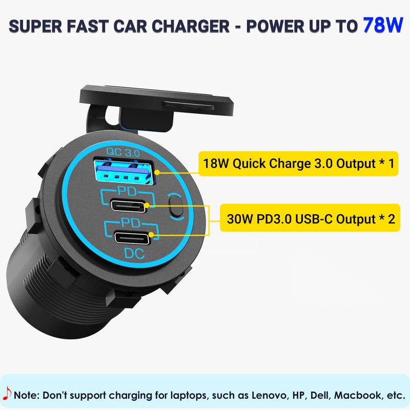 Ouffun USB C Car Charger Socket 12V USB Outlet 2 Pack,78W RV USB Outlet Dual 30W PD USB-C and 18W QC3.0 Car USB Port with Button Switch Waterproof for Car RV Boat Marine Truck Motorcycle ect - Image 2