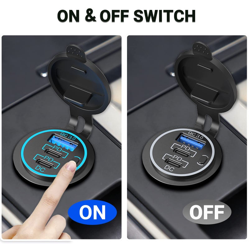 Ouffun USB C Car Charger Socket 12V USB Outlet 2 Pack,78W RV USB Outlet Dual 30W PD USB-C and 18W QC3.0 Car USB Port with Button Switch Waterproof for Car RV Boat Marine Truck Motorcycle ect - Image 5