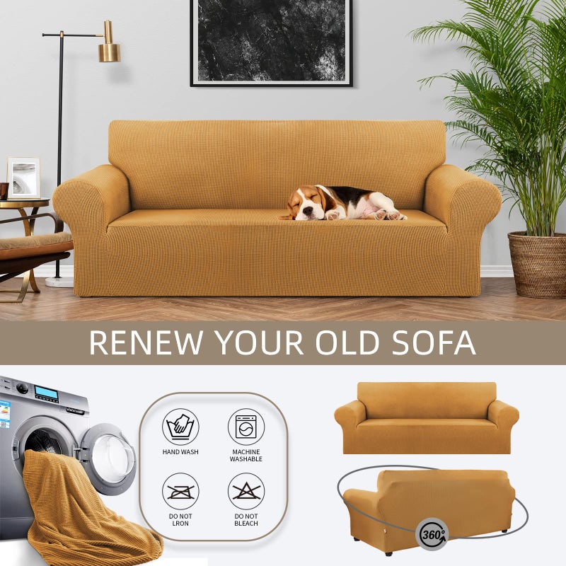 KEKUOU Stretch Sofa Cover Slipcover ï¼ŒCouch Covers for 3 Cushion Couch Sofa pet Friendly (78"-94") Furniture Protector Sofa with Elastic Bottom for Kids,Dog, Jacquard Small Checked(Large,Golden) - Image 3