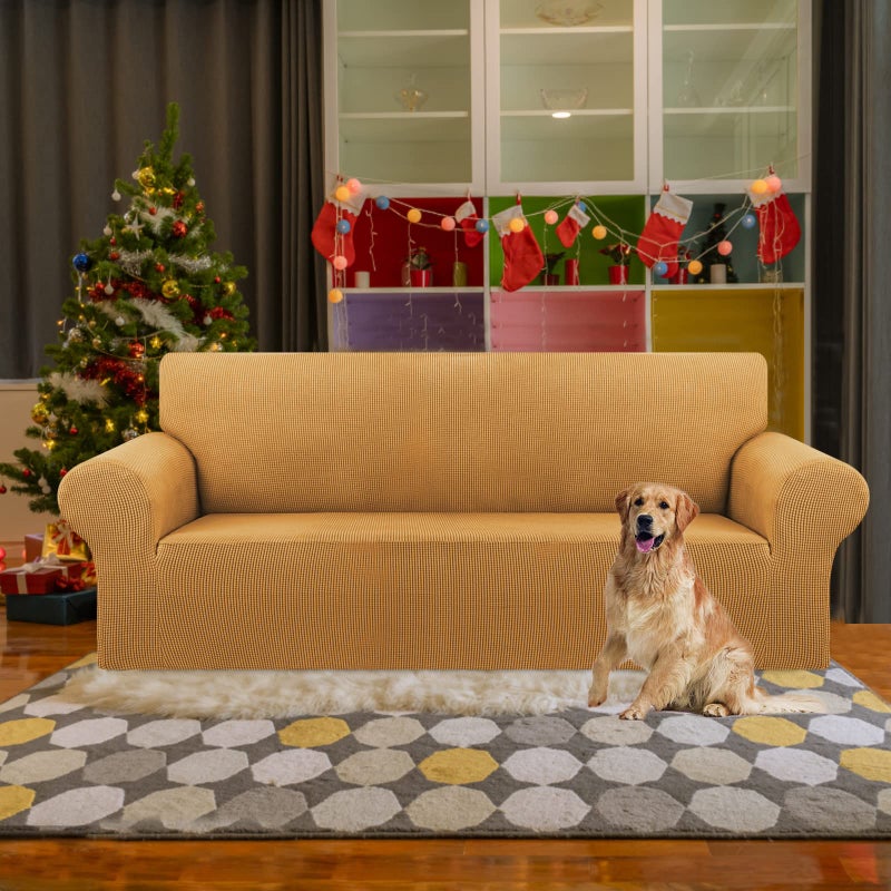 KEKUOU Stretch Sofa Cover Slipcover ï¼ŒCouch Covers for 3 Cushion Couch Sofa pet Friendly (78"-94") Furniture Protector Sofa with Elastic Bottom for Kids,Dog, Jacquard Small Checked(Large,Golden) - Image 2