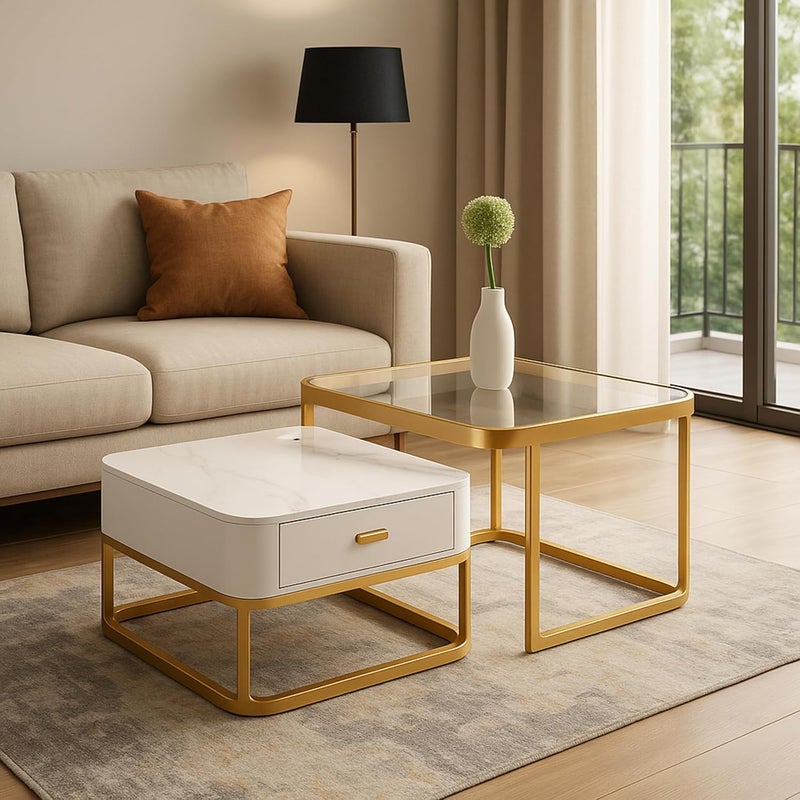 Harmony Home Luxury Nesting Coffee Table Set with Glass Top & Golden Metal Frame | Modern Living Room Centre & Side Tables with Grey Drawer Cabinet | Space-Saving Accent Furniture - Image 3