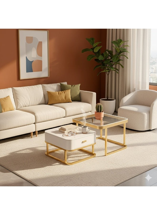 Harmony Home Luxury Nesting Coffee Table Set with Glass Top & Golden Metal Frame | Modern Living Room Centre & Side Tables with Grey Drawer Cabinet | Space-Saving Accent Furniture - Image 1