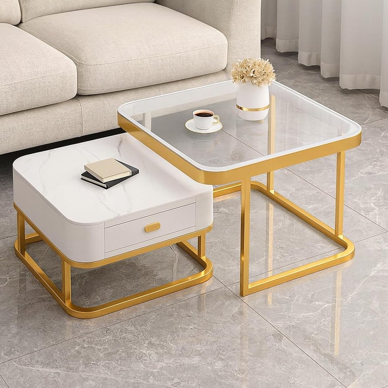Harmony Home Luxury Nesting Coffee Table Set with Glass Top & Golden Metal Frame | Modern Living Room Centre & Side Tables with Grey Drawer Cabinet | Space-Saving Accent Furniture - Image 2