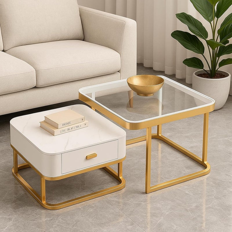 Harmony Home Luxury Nesting Coffee Table Set with Glass Top & Golden Metal Frame | Modern Living Room Centre & Side Tables with Grey Drawer Cabinet | Space-Saving Accent Furniture - Image 4