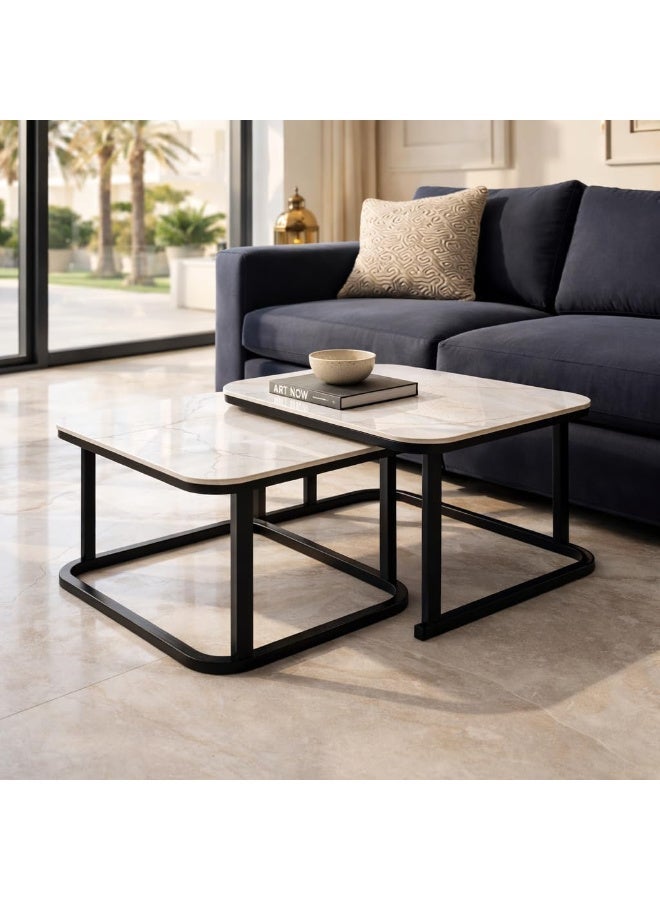 هارموني هوم طقم طاولات قهوة متداخلة عصرية من هارموني هوم، قطعتان - سطح رخامي بإطار معدني أسود، طاولات موفرة للمساحة لغرفة المعيشة، طاولة وسط متداخلة على الطراز الاسكندنافي للمنزل والشقة والمكتب - أبيض/أسود - Image 1