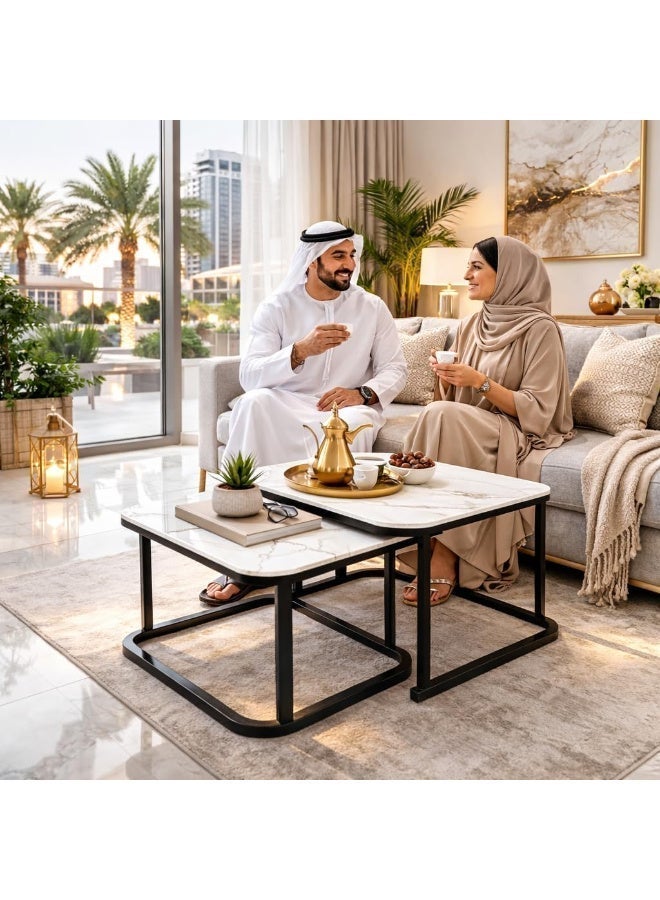 هارموني هوم طقم طاولات قهوة متداخلة عصرية من هارموني هوم، قطعتان - سطح رخامي بإطار معدني أسود، طاولات موفرة للمساحة لغرفة المعيشة، طاولة وسط متداخلة على الطراز الاسكندنافي للمنزل والشقة والمكتب - أبيض/أسود - Image 2