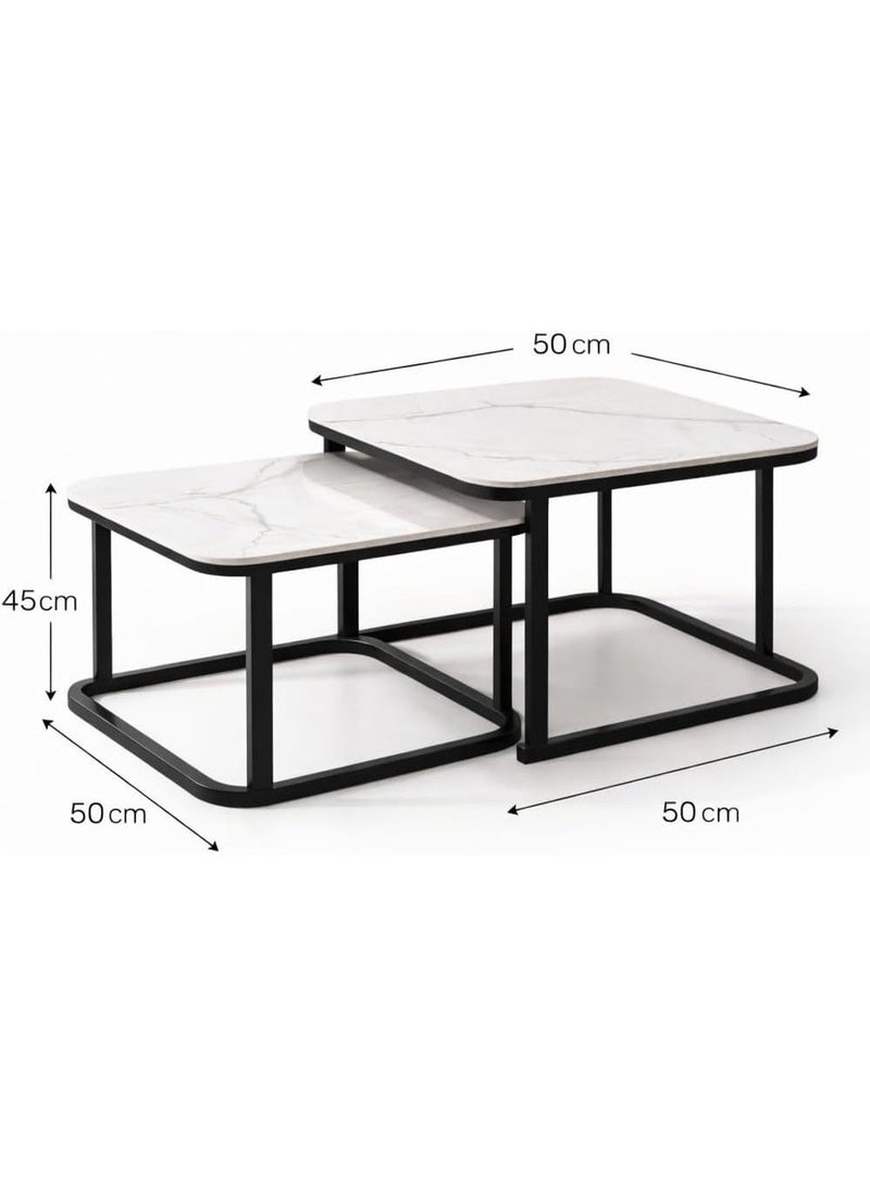 هارموني هوم طقم طاولات قهوة متداخلة عصرية من هارموني هوم، قطعتان - سطح رخامي بإطار معدني أسود، طاولات موفرة للمساحة لغرفة المعيشة، طاولة وسط متداخلة على الطراز الاسكندنافي للمنزل والشقة والمكتب - أبيض/أسود - Image 4