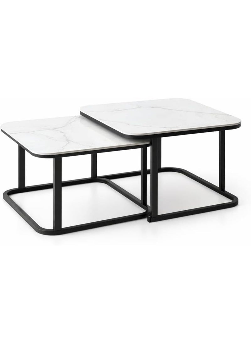 هارموني هوم طقم طاولات قهوة متداخلة عصرية من هارموني هوم، قطعتان - سطح رخامي بإطار معدني أسود، طاولات موفرة للمساحة لغرفة المعيشة، طاولة وسط متداخلة على الطراز الاسكندنافي للمنزل والشقة والمكتب - أبيض/أسود - Image 3