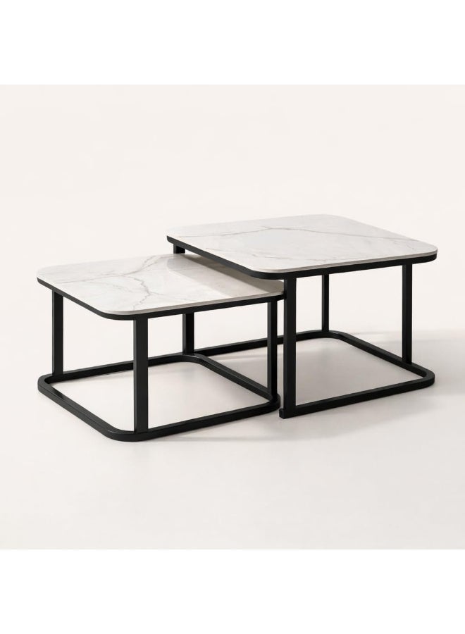 هارموني هوم طقم طاولات قهوة متداخلة عصرية من هارموني هوم، قطعتان - سطح رخامي بإطار معدني أسود، طاولات موفرة للمساحة لغرفة المعيشة، طاولة وسط متداخلة على الطراز الاسكندنافي للمنزل والشقة والمكتب - أبيض/أسود - Image 5