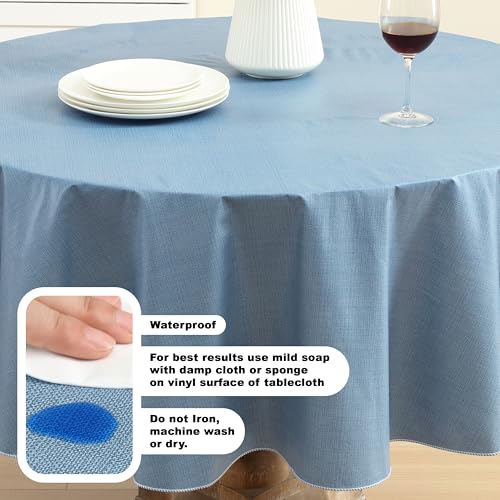 Lintex Cafe Hotel Linen Look Vinyl Flannel Backed Tablecloth, Heavyweight 4 Gauge, 70 Inch Round, Chambray Blue Indoor Outdoor Waterproof Wipe Clean Table Cover - Image 3