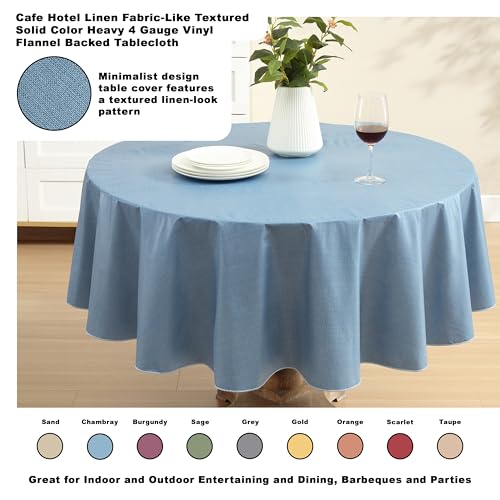 Lintex Cafe Hotel Linen Look Vinyl Flannel Backed Tablecloth, Heavyweight 4 Gauge, 70 Inch Round, Chambray Blue Indoor Outdoor Waterproof Wipe Clean Table Cover - Image 2