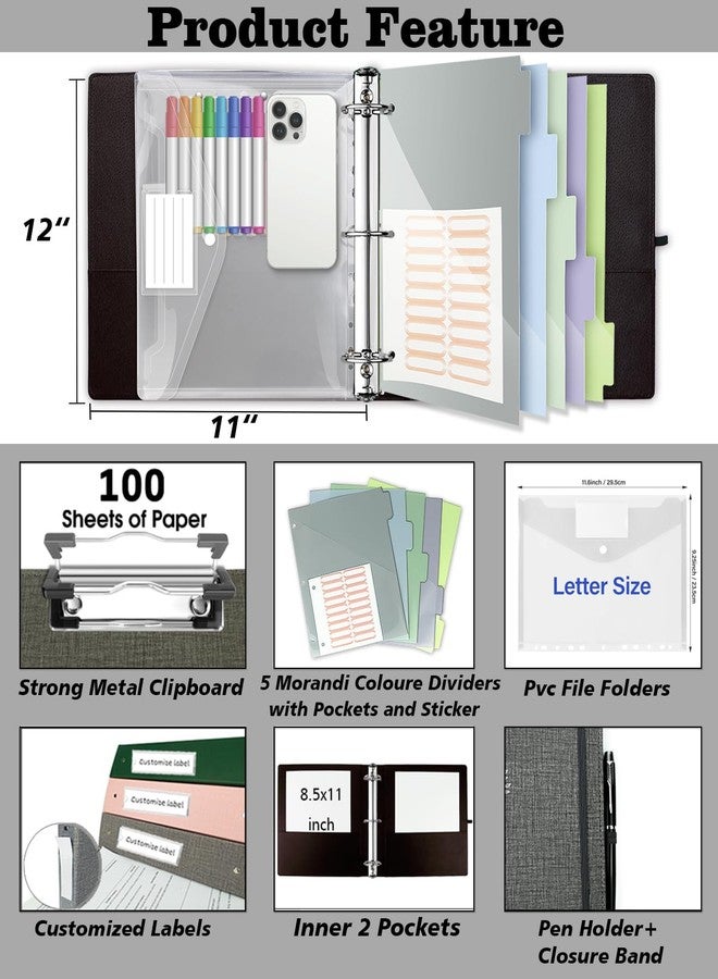 BVSSX 3 Ring Binder, 2 Inch Linen Binder Organizer for Letter Size (8.5" x 11") Paper with 5-Tabs Pockets Dividers, Three Ring Binders with Clipboard, Plastic Folder, Pen Loop - Dark Grey - Image 2