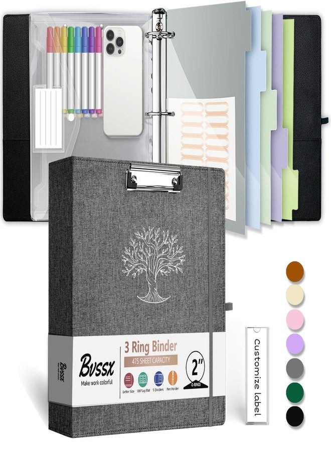 BVSSX 3 Ring Binder, 2 Inch Linen Binder Organizer for Letter Size (8.5" x 11") Paper with 5-Tabs Pockets Dividers, Three Ring Binders with Clipboard, Plastic Folder, Pen Loop - Dark Grey - Image 1