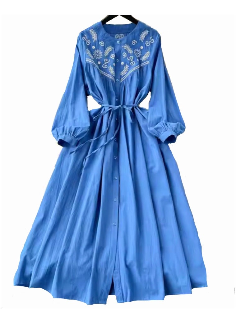 SOLOBUY Cotton Dress With Contrast Embroidery, Buttons, Belt And Pockets, Length Midi, sleeves Long - Image 1