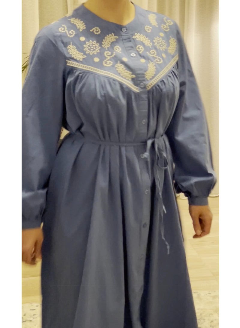 SOLOBUY Cotton Dress With Contrast Embroidery, Buttons, Belt And Pockets, Length Midi, sleeves Long - Image 5