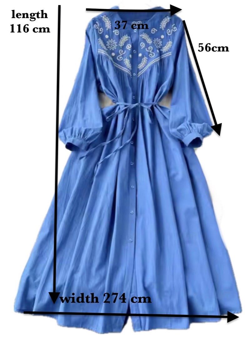 SOLOBUY Cotton Dress With Contrast Embroidery, Buttons, Belt And Pockets, Length Midi, sleeves Long - Image 4