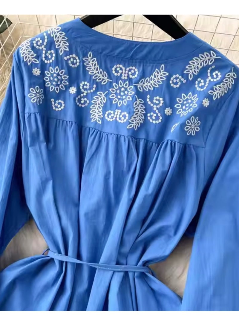 SOLOBUY Cotton Dress With Contrast Embroidery, Buttons, Belt And Pockets, Length Midi, sleeves Long - Image 2