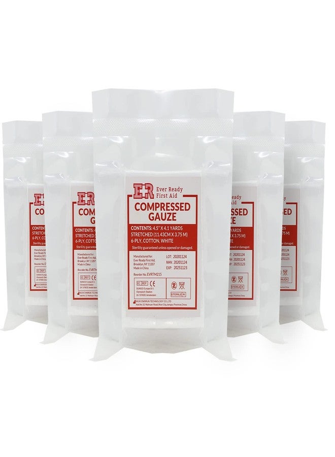 Ever Ready First Aid Compressed Sterile Gauze, 6-Ply Emergency Medical Dressing for First Aid Kits – 4.5” x 4.1 Yards - 5 Pack - Image 1