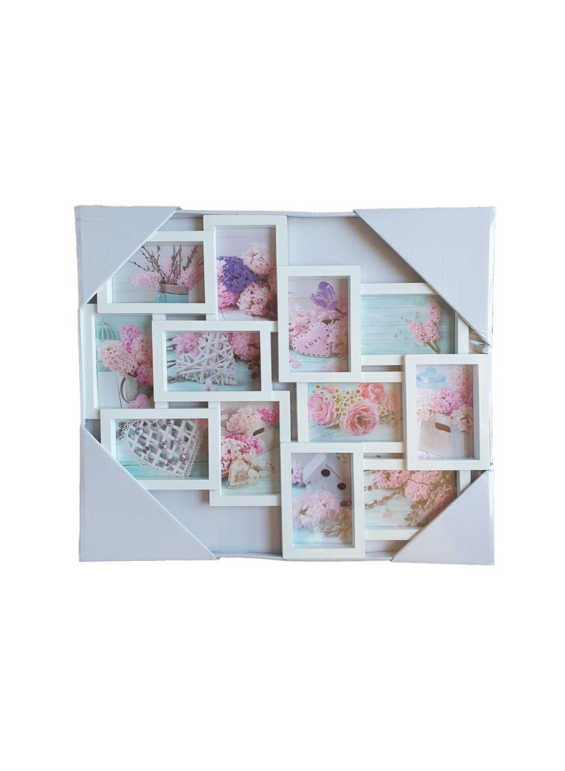 Family photo frame, 12 photos, 3D, white, made of plastic and glass, in an overlapping photo design, measuring 61 x 53 cm.
