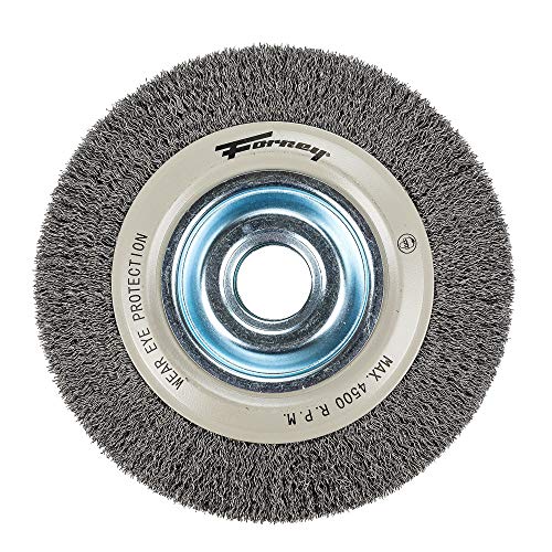 Forney 72897 Wire Bench Wheel Brush, Industrial Pro Crimped with 1/2-Inch Through 2-Inch Multi Arbor, 8-Inch-by-.012-Inch - Image 1