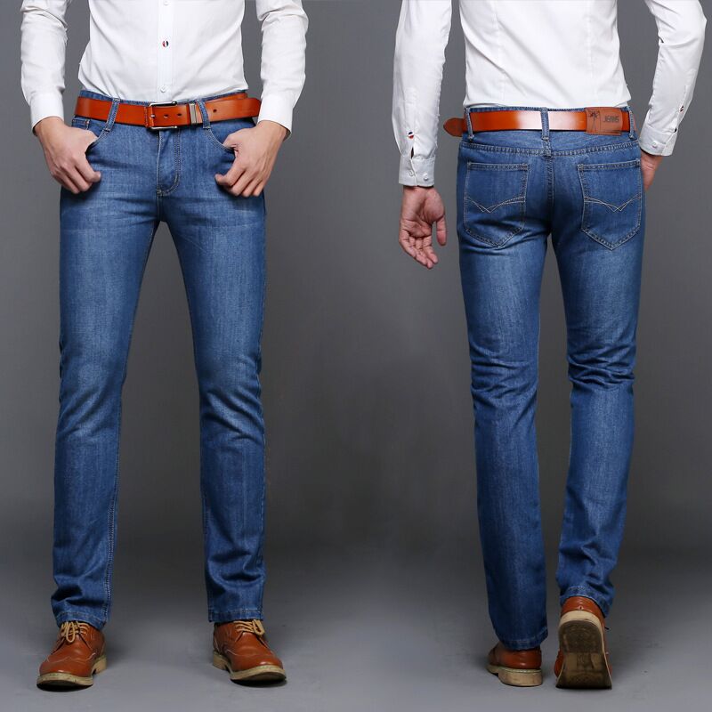 Generic 087 Mens Straight Casual Jeans Boys Loose Youth Pants Slim-fit Student Trousers Mens Four Seasons 858# medium blue 