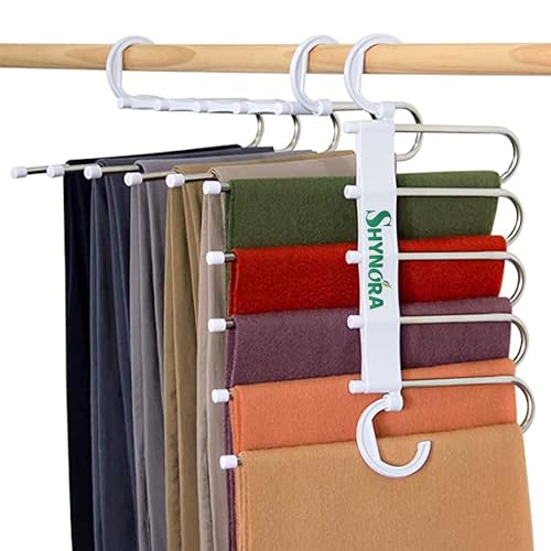Shynora 2-Pack Multipurpose 5 in 1 Hangers, Stainless Steel Fordable Hangers for All Types of Clothes, Multilayer Pant Hanger for Wardrobe, Multipurpose Hanger Organizer (White) - Image 1