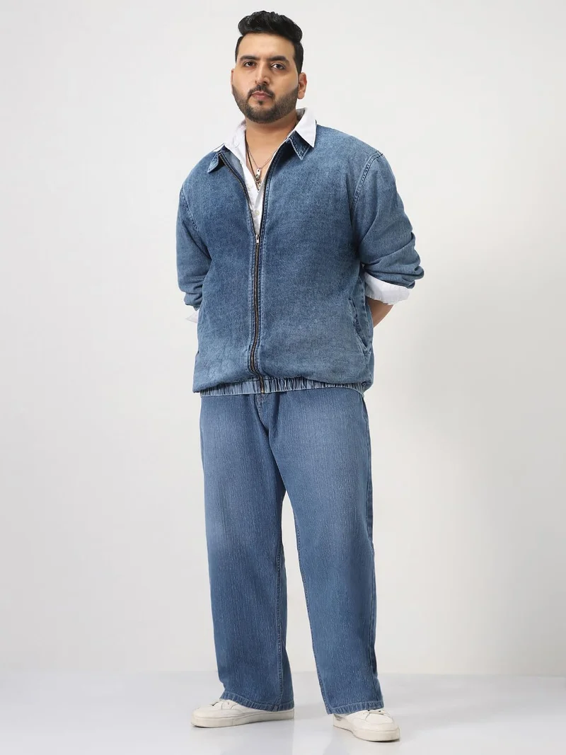 Urbano Fashion  Urbano Plus Men's Blue Relaxed Fit Full Sleeve Harrington Denim Jacket  | Best Price UAE