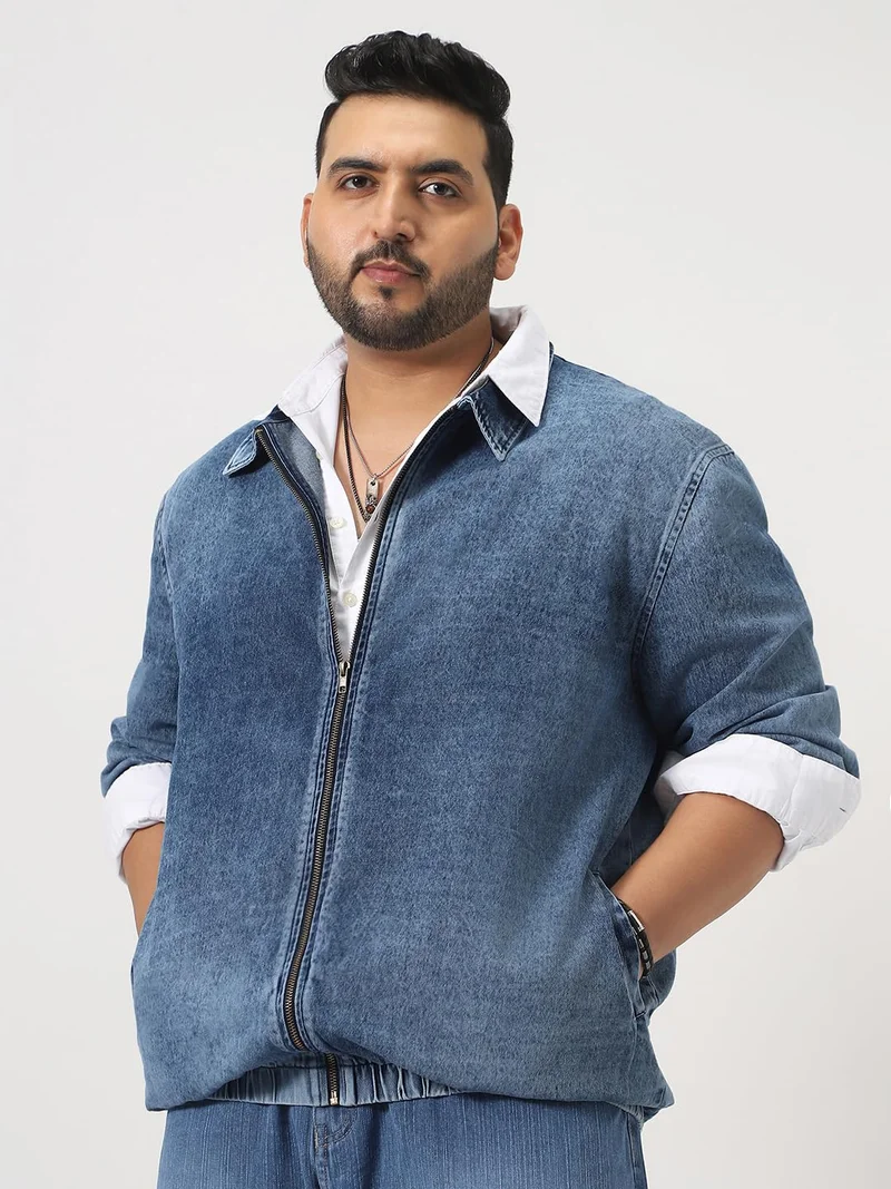 Urbano Plus Men's Blue Relaxed Fit Full Sleeve Harrington Denim Jacket