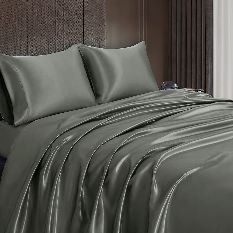 Homiest 4pcs Satin Sheets Set Luxury Silky Satin Bedding Set with Deep Pocket, 1 Fitted Sheet + 1 Flat Sheet + 2 Pillowcases (Queen Size, Dark Grey) - Image 4