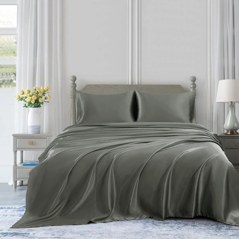 Homiest 4pcs Satin Sheets Set Luxury Silky Satin Bedding Set with Deep Pocket, 1 Fitted Sheet + 1 Flat Sheet + 2 Pillowcases (Queen Size, Dark Grey) - Image 3