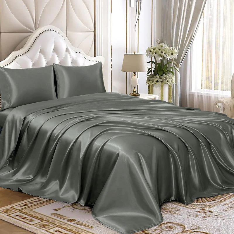 Homiest 4pcs Satin Sheets Set Luxury Silky Satin Bedding Set with Deep Pocket, 1 Fitted Sheet + 1 Flat Sheet + 2 Pillowcases (Queen Size, Dark Grey) - Image 1