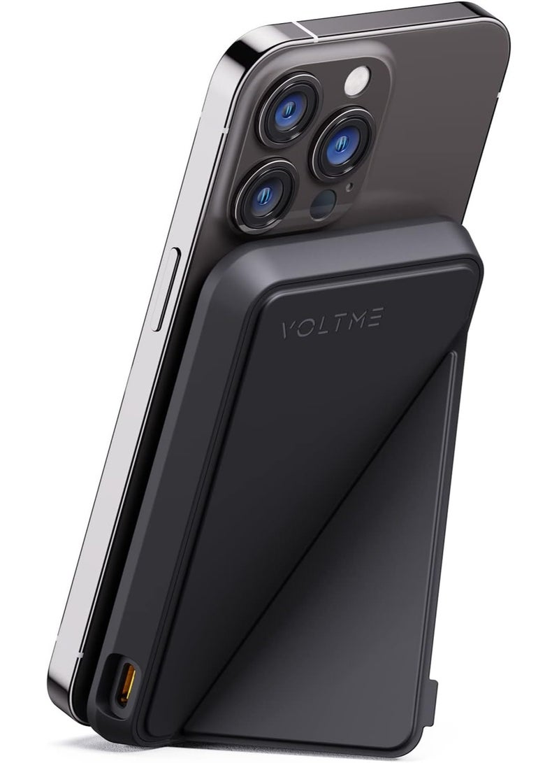 VOLTME 5000mAh MagSafe Power Bank - Magnetic Wireless Charging Power Bank with Strong Magnet, Foldable Stand, Type-C Fast Charging, Ultra Slim Portable Backup Battery Compatible with iPhone Air, iPhone 17/17 Pro/16/15/14/13/12 - Magnetic External Charger Compatible with USB-C for Travel, Daily Use, On-the-Go Charging, Lightweight Pocket Power Bank (Black) - Image 1