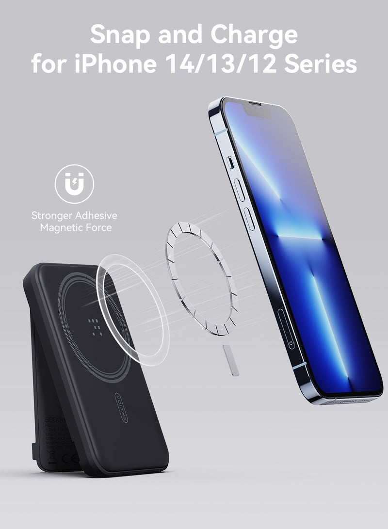 VOLTME 5000mAh MagSafe Power Bank - Magnetic Wireless Charging Power Bank with Strong Magnet, Foldable Stand, Type-C Fast Charging, Ultra Slim Portable Backup Battery Compatible with iPhone Air, iPhone 17/17 Pro/16/15/14/13/12 - Magnetic External Charger Compatible with USB-C for Travel, Daily Use, On-the-Go Charging, Lightweight Pocket Power Bank (Black) - Image 2