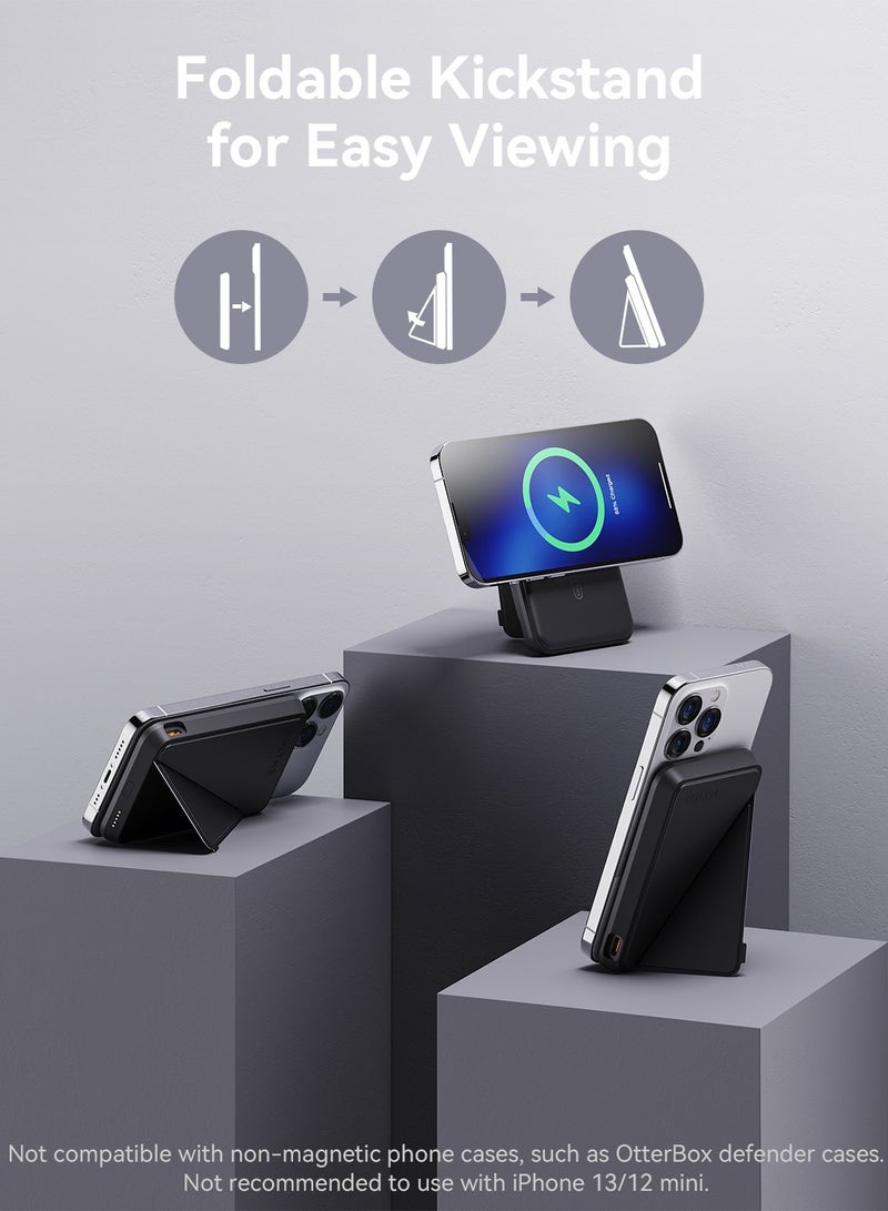 VOLTME 5000mAh MagSafe Power Bank - Magnetic Wireless Charging Power Bank with Strong Magnet, Foldable Stand, Type-C Fast Charging, Ultra Slim Portable Backup Battery Compatible with iPhone Air, iPhone 17/17 Pro/16/15/14/13/12 - Magnetic External Charger Compatible with USB-C for Travel, Daily Use, On-the-Go Charging, Lightweight Pocket Power Bank (Black) - Image 3