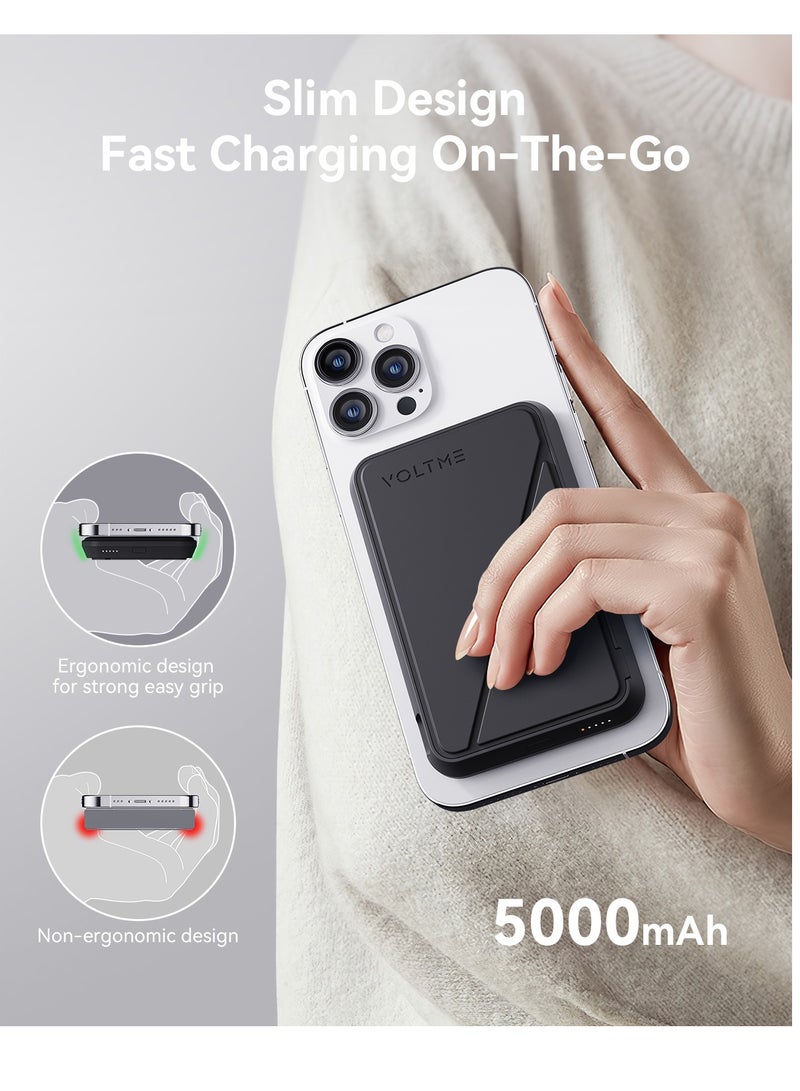 VOLTME 5000mAh MagSafe Power Bank - Magnetic Wireless Charging Power Bank with Strong Magnet, Foldable Stand, Type-C Fast Charging, Ultra Slim Portable Backup Battery Compatible with iPhone Air, iPhone 17/17 Pro/16/15/14/13/12 - Magnetic External Charger Compatible with USB-C for Travel, Daily Use, On-the-Go Charging, Lightweight Pocket Power Bank (Black) - Image 4