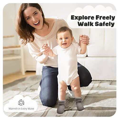 Bufims Baby Fleece Booties 0-6 Months Unisex Newborn Infant Booties Non-Slip First Walkers Shoes Baby Slippers for Baby Boys & Baby Girls Grey - Image 3