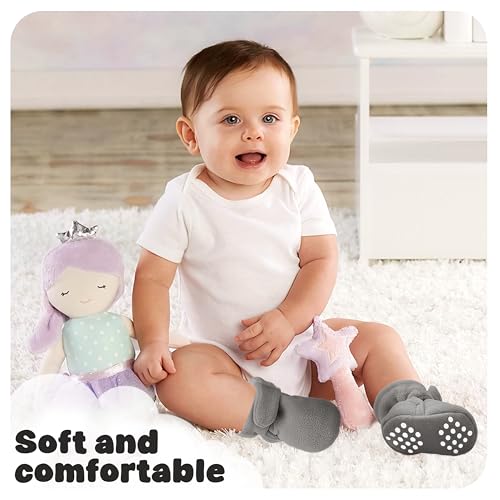 Bufims Baby Fleece Booties 0-6 Months Unisex Newborn Infant Booties Non-Slip First Walkers Shoes Baby Slippers for Baby Boys & Baby Girls Grey - Image 2